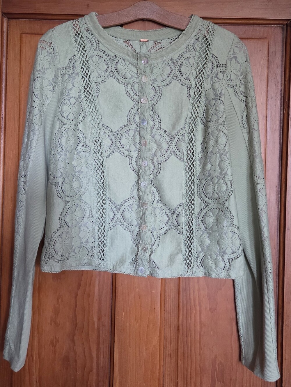 Free People Sage Green Crochet Lace Button-Up Cardigan
